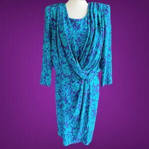 Vintage Golden Girls Turquoise Abstract Silk Faux Wrap 80s Dress Sz 8